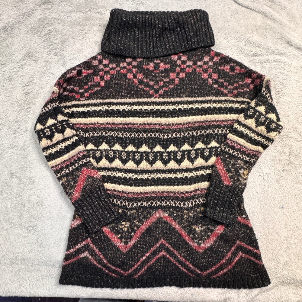 Lucky Brand Fair Isle Tunic Sweater Womens XS Black Pink Beige Cowl‎ Neck Knit